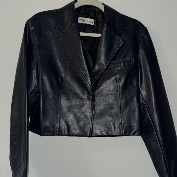 Zara Women's Navy Pleather Jacket - Picture 2 of 5